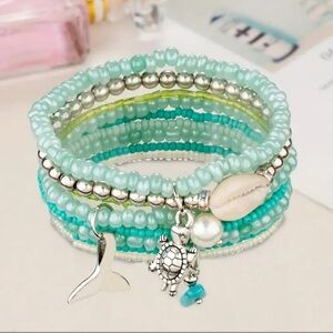 Ocean-Themed 3pcs Candy-Colored Glass Bead Alloy Turtle Mermaid Pendant Bracelet